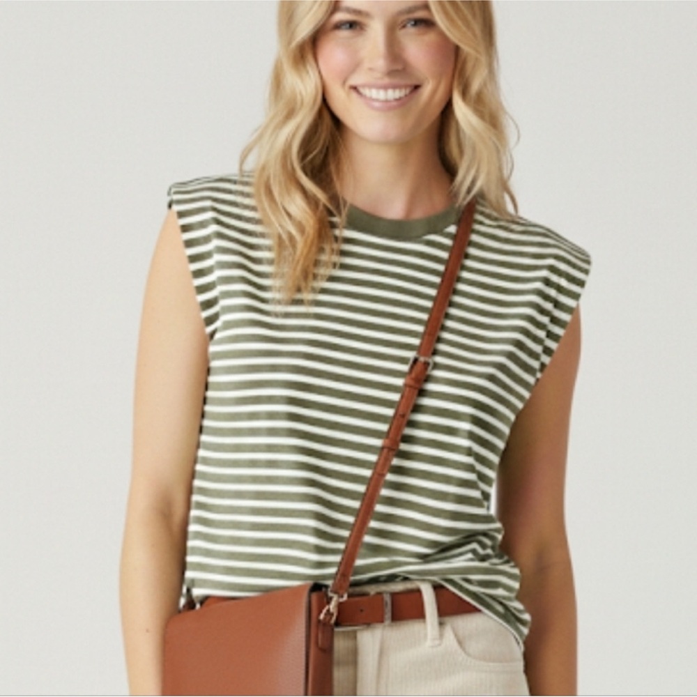 Madewell Sailor Stripe Structured Muscle Tee Olive Green Ecru size M